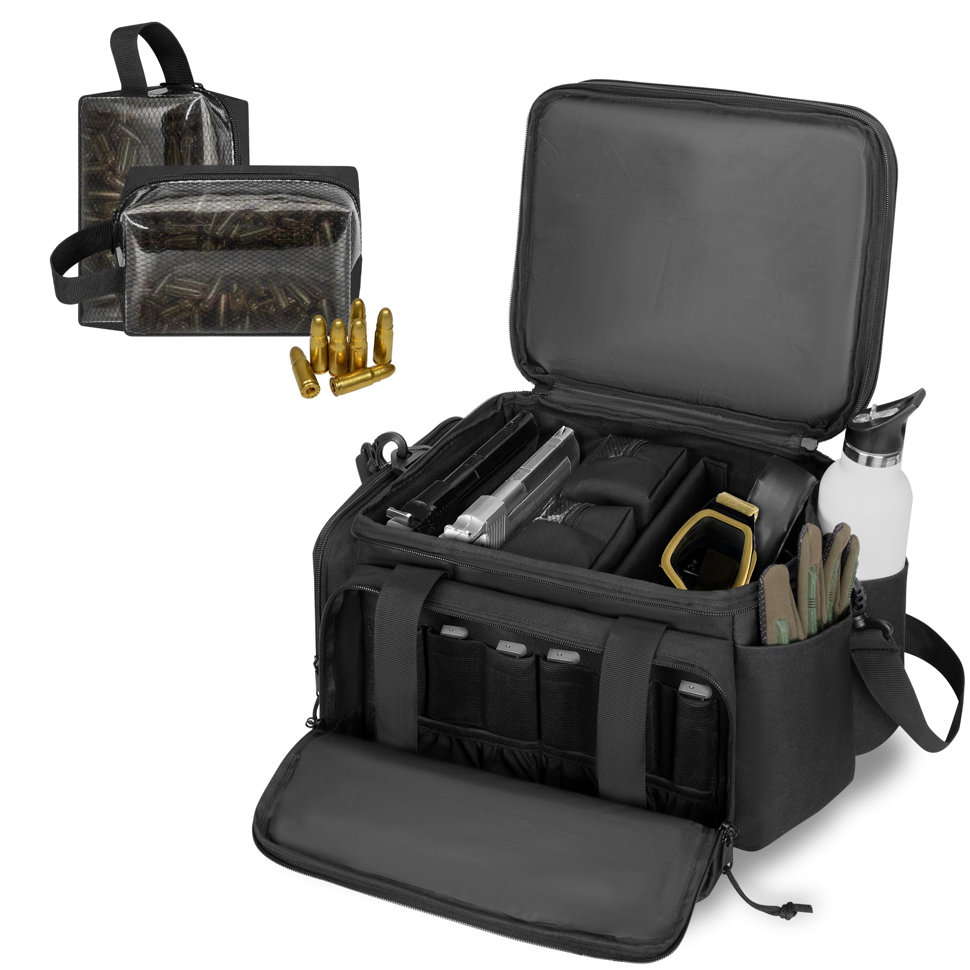 Étui de Tir pour 4 Pistolets Avec 6 Poches à Chargeurs et 2 Compartiments à Munitions, Idéale pour Stand de Tir et Chass